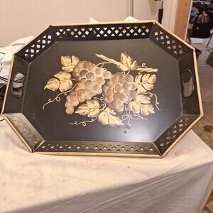 Vint Toleware Tray w Handles Black Gold Handpainted Fruit Signed Juliane 20x15"
